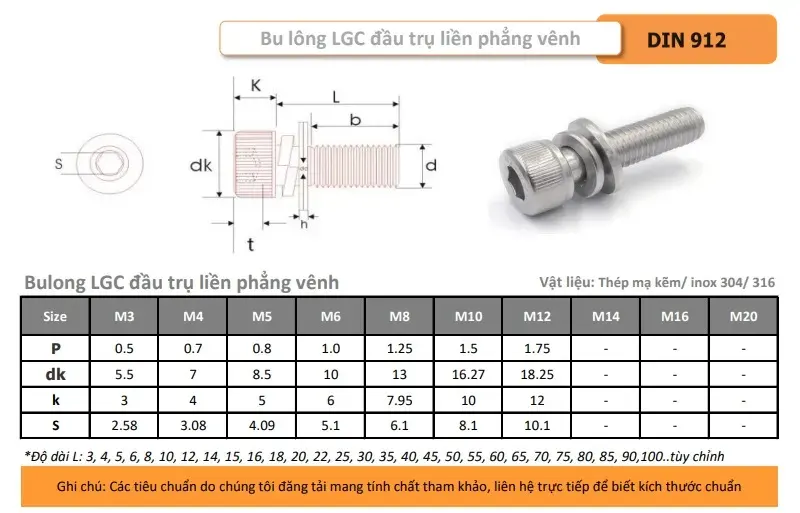 Kích thước bulong lục giác chìm